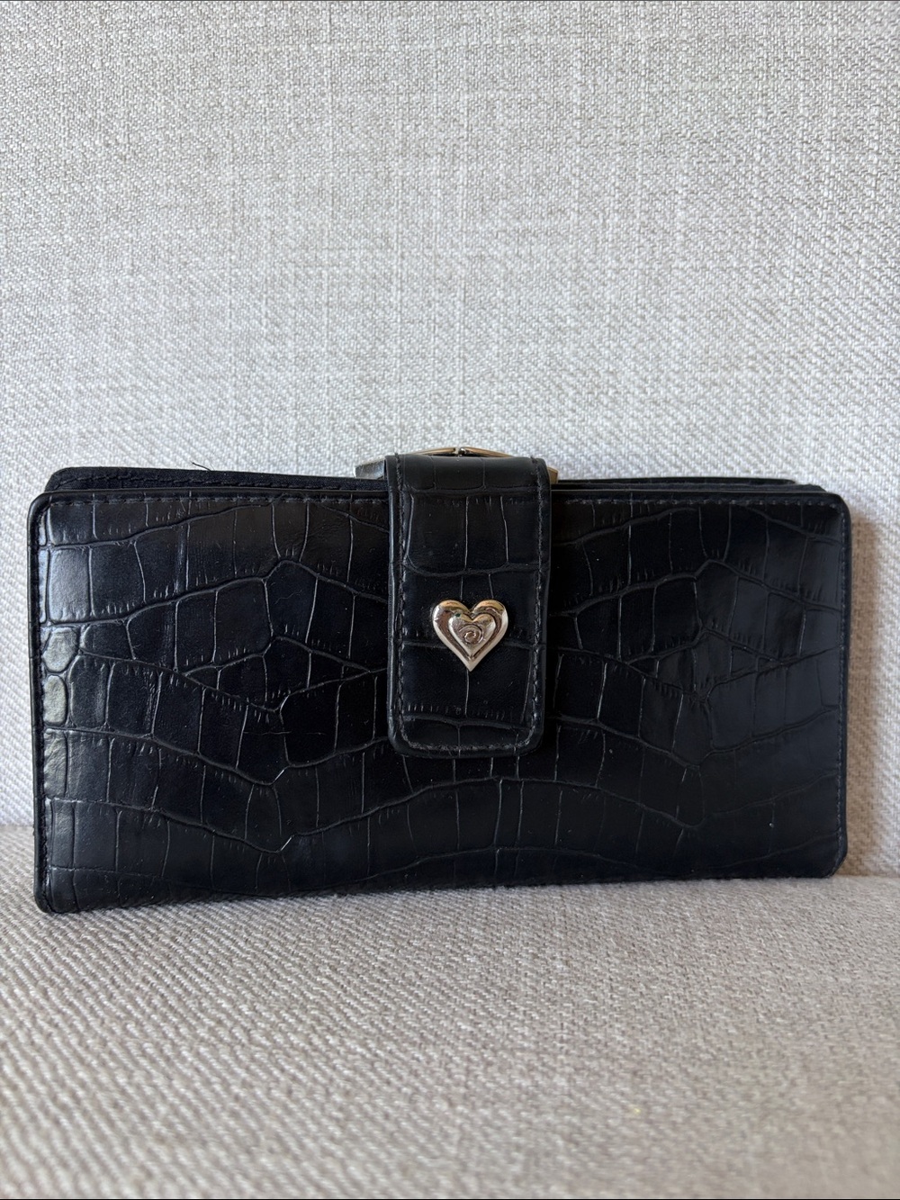 Croc-Embossed Black Leather Long Wallet with Heart Detail